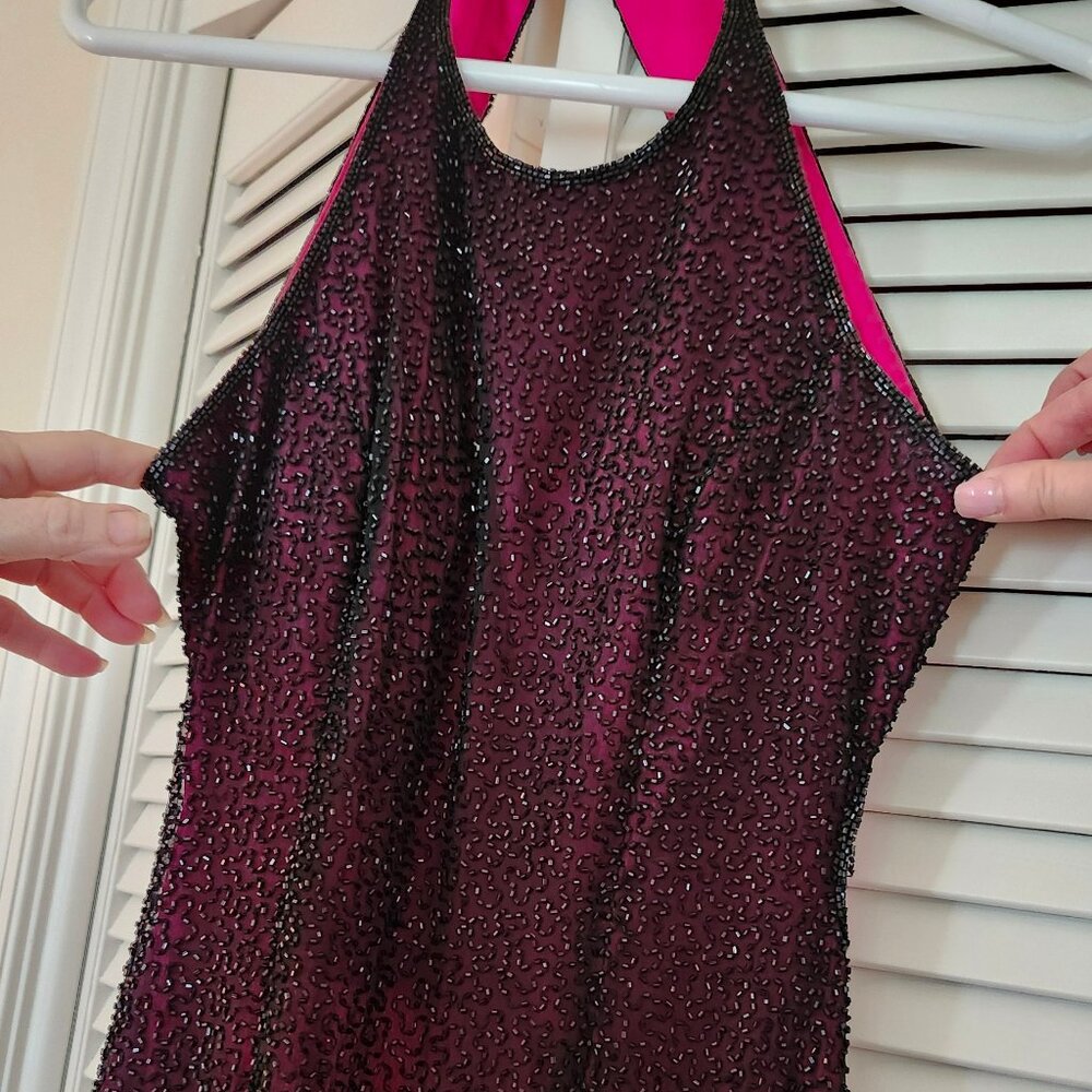 Saks Fifth Ave Beaded Halter Style Gown - Sheer Black W/ Fuchsia Lining